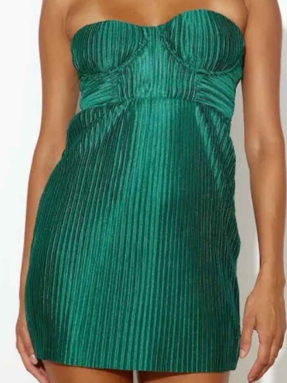 Hello Molly Strapless Emerald Pleated Mini Dress
